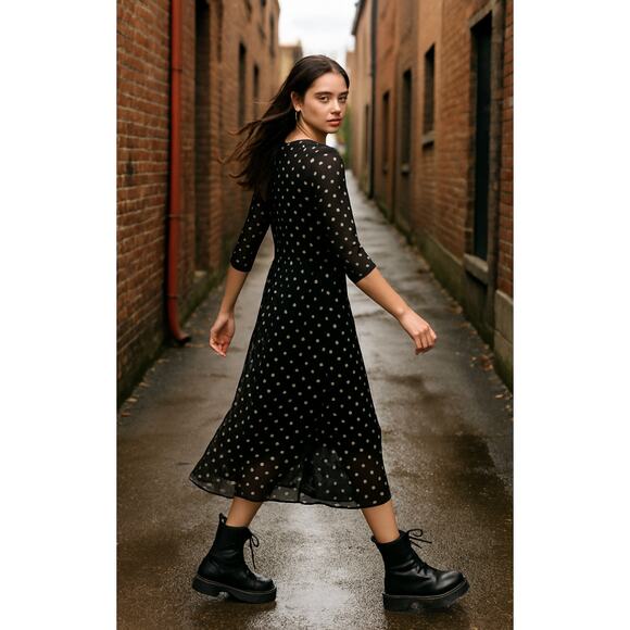 Lisa Says Gah Black Polka Dot Chiffon Midi Dress XL NWT Mesh Sheer - Picture 13 of 14